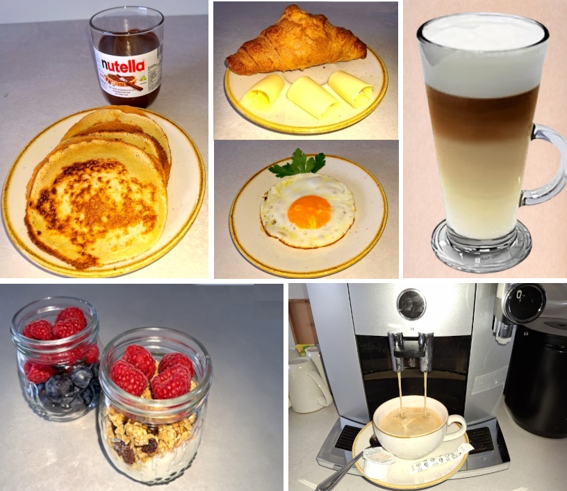 ein abwechslungsreiches Frühstück mit frischem Obst, Käse, frisch gepresstem Fruchtsaft und Joghurt 